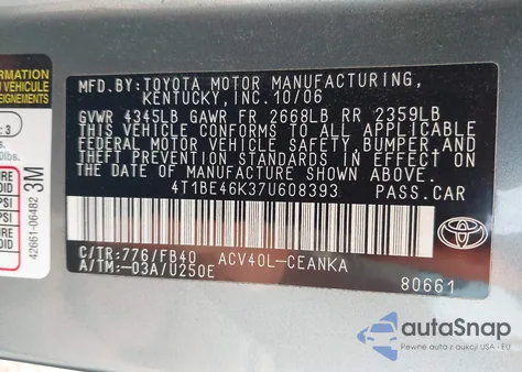 2007 Toyota Camry Le z USA, uszkodzony, nr VIN 4T1BE46K37U608393